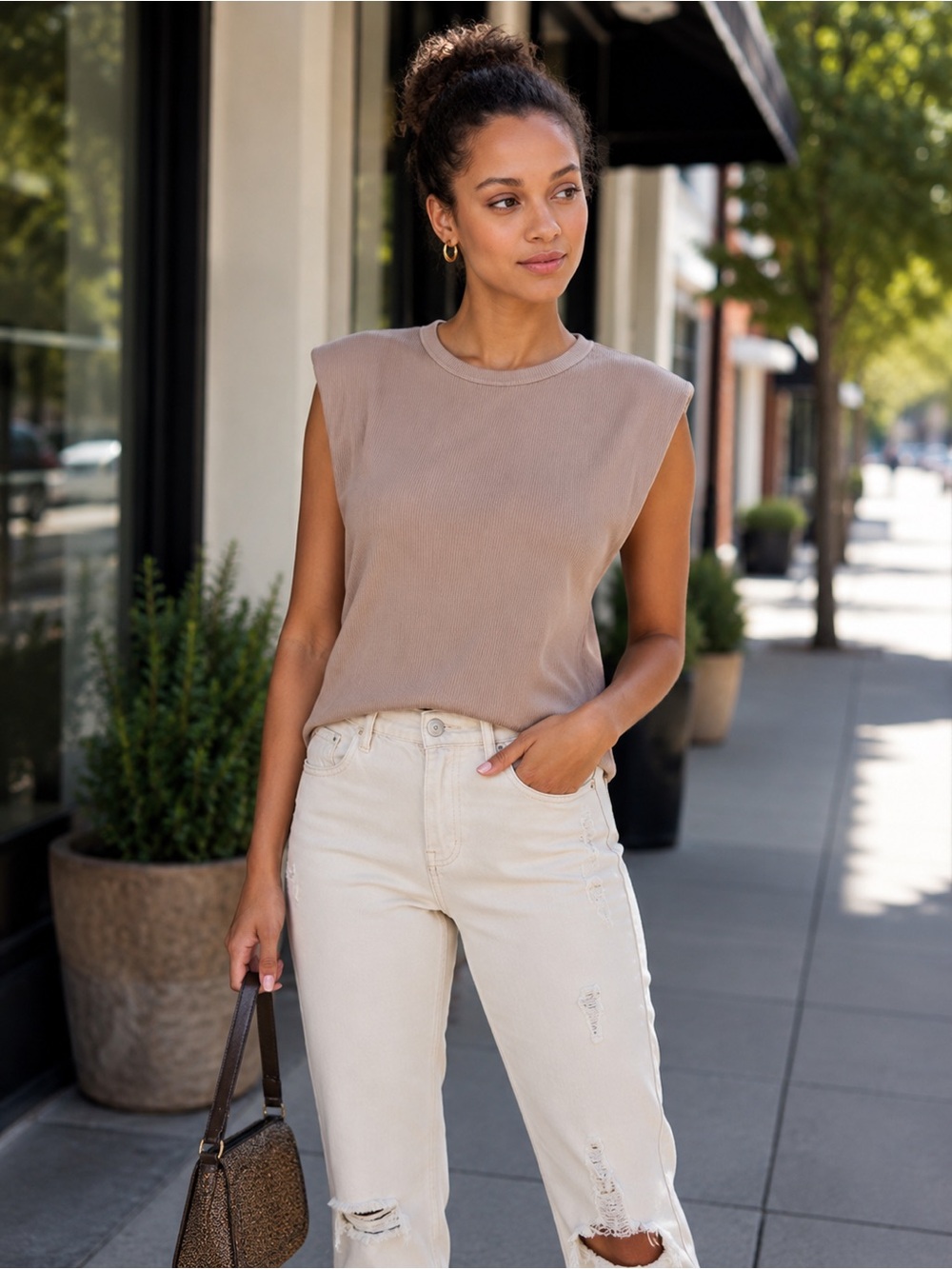 Miss Selfridge Top Ribbed Shoulder Pad Pink Sleeveless Shirt